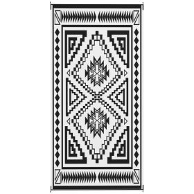 Reversible Outdoor Rug, Waterproof Plastic Straw With Carry Bag, 9 X 18, Black & White Square Patchwork