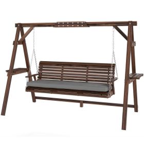 3 Seat Wooden Porch Swing with Stand, Patio Swing with Cushion, for Garden, Poolside, Backyard, Carbonized Brown