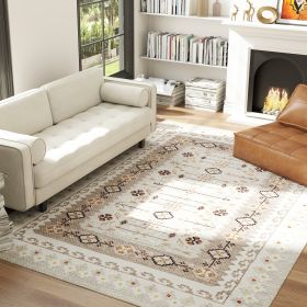 Machine Washable Area Rug 8x10, Non-Slip Boho Flannel Print Floor Carpet For Living Room, Bedroom, Dining Room, Brown