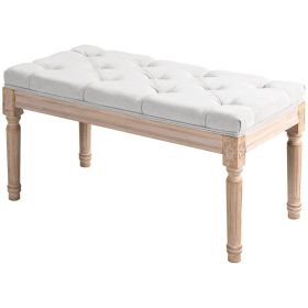 32" Linen Upholstered Bedroom Bench, French End of Bed Bench with Thick Padded Cushion and Wooden Legs, Cream White