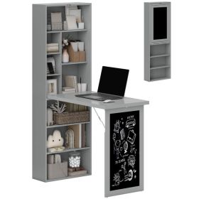 Fold-out Convertible Office Desk, Wall Mount Computer Desk with Blackboard and Side Shelf, Charcoal Gray