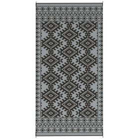 Reversible Outdoor Rug, Waterproof Plastic Straw With Carry Bag, 9 X 18, Black & Gray Rhombus Border