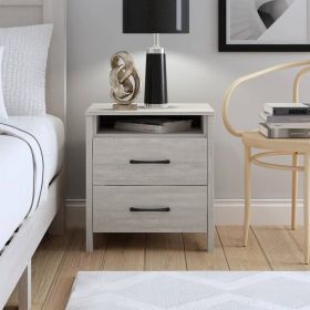 Modern Farmhouse Bedroom 2 Drawer Bedside Table Nightstand in Grey Wood Finish