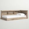 Full size Natural Wood Corner Storage Bed with Bookcase Headboard and USB Ports