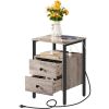 Modern Black Metal Nightstand with Grey Wood Finish Drawers and Shelf