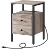Modern Black Metal Nightstand with Grey Wood Finish Drawers and Shelf