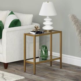 Rectangular Side Table Gold Antique Brass Metal Glass Top Bottom Shelf Sofa Table