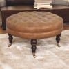 Brown Buffalo Leather Round Ottoman with Castor Legs