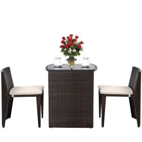 Compact Espresso/White Wicker Patio Cushioned Outdoor Chair Table Set
