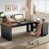 L-Shaped Office Desk with Storage Cabinet in Brown Black Wood Finish