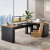 L-Shaped Office Desk with Storage Cabinet in Brown Black Wood Finish