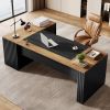 L-Shaped Office Desk with Storage Cabinet in Brown Black Wood Finish