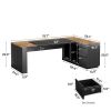 L-Shaped Office Desk with Storage Cabinet in Brown Black Wood Finish