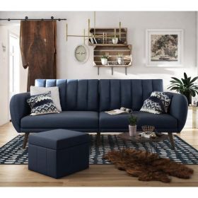 Navy Linen Futon Sofa Bed with Modern Mid-Century Style Wooden Legs