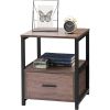 Set of 2 - Modern Metal Wood Side End Table Nightstand with Storage Drawer