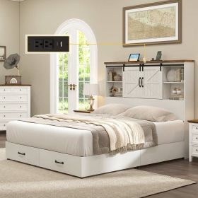 King - White Sliding Barn Door Bookcase Wooden Platform Bed Storage Drawers