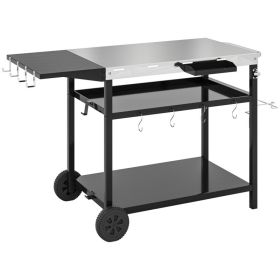 Outdoor Bar Cart Grill Table With Stainless Steel Tabletop, Wheeled Outdoor Serving Cart Prep Table With Storage, Hooks
