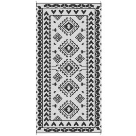 Reversible Outdoor Rug, Waterproof Plastic Straw With Carry Bag, 9 X 18, Black & White Rhombus Patchwork