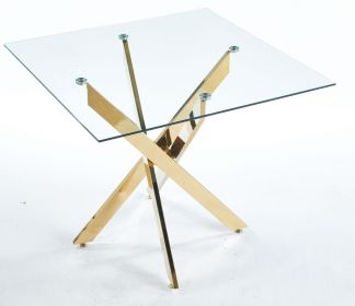 Dining Table with cross metal leg and tempered glass,Modern Space Saving Kitchen Table for Living Room,chrome legs,Square table,golden legs,90x90x75c