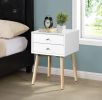 Side Table with 2 Drawer and Rubber Wood Legs;  Mid-Century Modern Storage Cabinet for Bedroom Living Room Furniture;  White