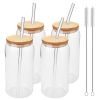 4 Set Glass Cups with Bamboo Lids and Straws, 20oz Can Shaped Drinking Beer Glasses, Iced Coffee Cups, Cute Tumbler with 2 Cleaning Brushes, Ideal fo