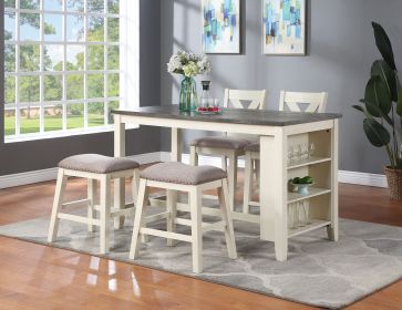 Modern Contemporary 5pc Counter Height High Dining Table w Storage Shelves High Chairs And Stools Wooden Kitchen Breakfast Table Dining Room Furnitur