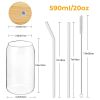 4 Set Glass Cups with Bamboo Lids and Straws, 20oz Can Shaped Drinking Beer Glasses, Iced Coffee Cups, Cute Tumbler with 2 Cleaning Brushes, Ideal fo