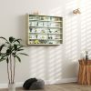 5-Tier Display Cabinet, Wall-Mounted Display Case with 2 Glass Doors and Adjustable Shelves, Oak and White
