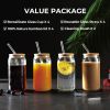 4 Set Glass Cups with Bamboo Lids and Straws, 20oz Can Shaped Drinking Beer Glasses, Iced Coffee Cups, Cute Tumbler with 2 Cleaning Brushes, Ideal fo