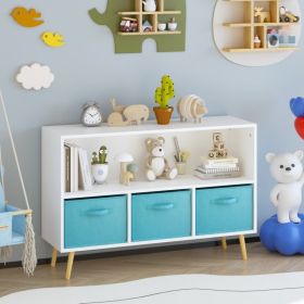 Kids Bookcase With Collapsible Fabric Drawers, Children's Book Display, Toy Storage Cabinet Organizer, White Blue