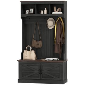 3-in-1 Hall Tree with Shoe Storage, Coat Rack with Bench, Entryway Furniture with Five Hooks, Black Wood Grain