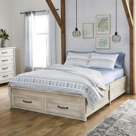 Queen Farmhouse Platform Bed with Storage Drawers in Off-White Wood Finish