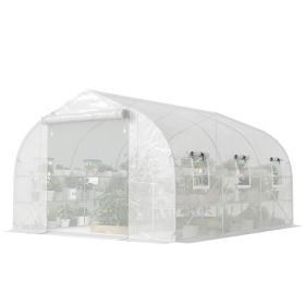 10'x11'x6' Walk-in Tunnel Greenhouse with Shelves, Mesh Door and Windows, Plant Hot House with PE Cover, White