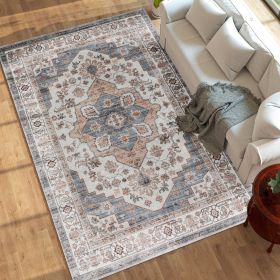 8x10 Area Rug, Vintage Machine Washable Rug, Non-Slip Carpet For Living Room, Bedroom, Dining Room, Brown & Light Blue (Color: Blue)