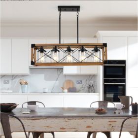 32 Inch Walnut Industrial Farmhouse Rectangle Pendant Light, 5-Light Chandelier With Lampshades For Dining Room, Kitchen Island, Cafe Decor No Bulbs (Option: Walnut and black)