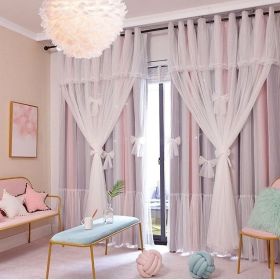 Nordic Simple Hollow Star Princess Wind Bedroom Blackout Curtains (Color: Pink Grey, size: 2Mx2.7M Hook)
